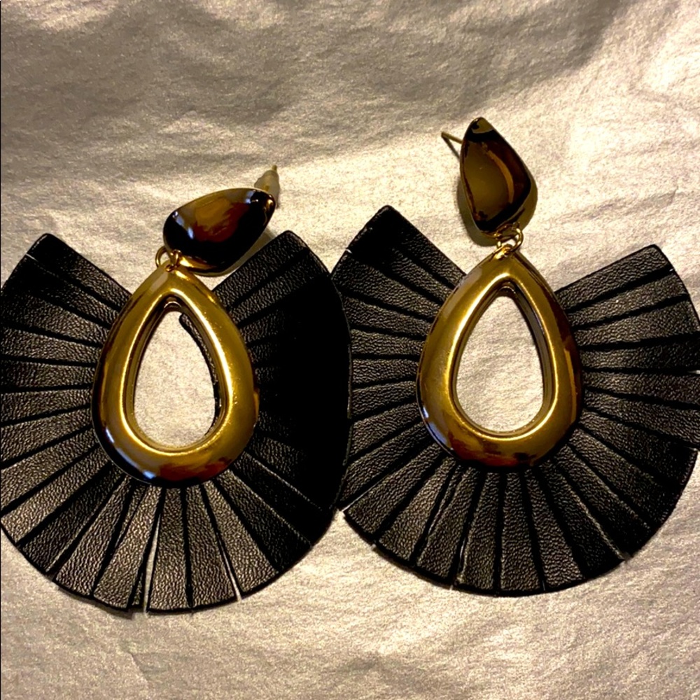 Black leather earrings with gold accents